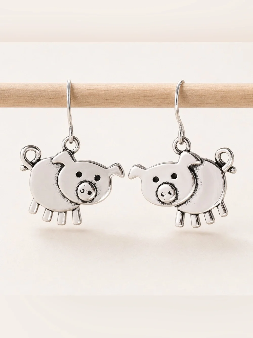 Silver Pig Dangle Earrings - Cute Farm Animal Accessory